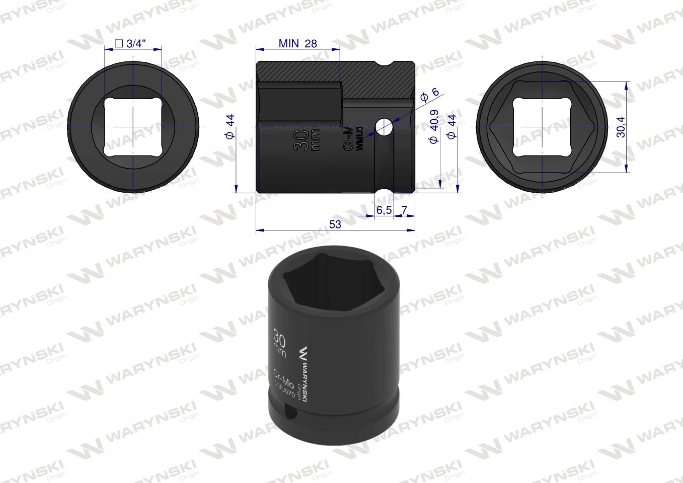 Nasadka udarowa sześciokątna 3/4". 30 mm. CrMo. DIN 3129. Waryński