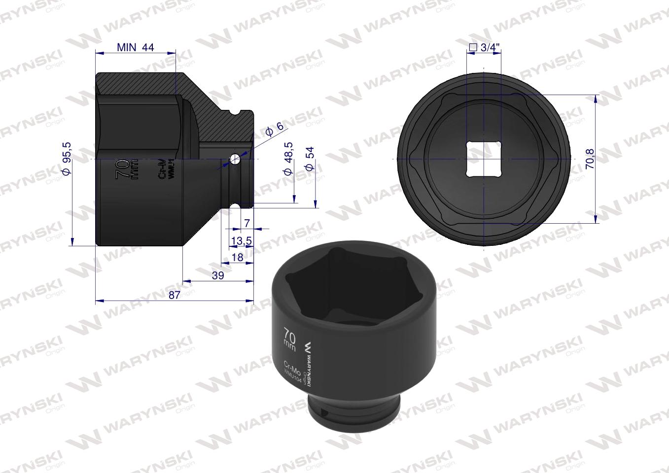 Nasadka udarowa sześciokątna 3/4". 70 mm. CrMo. DIN 3129. Waryński
