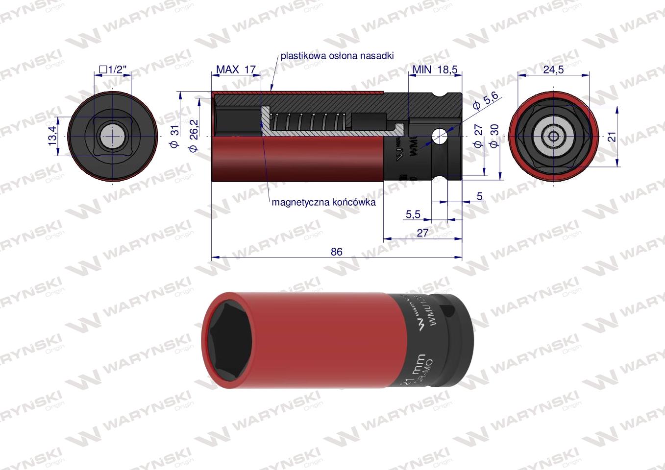Nasadka udarowa 1/2 z magnesem do felg aluminiowych. 21mm. Waryński