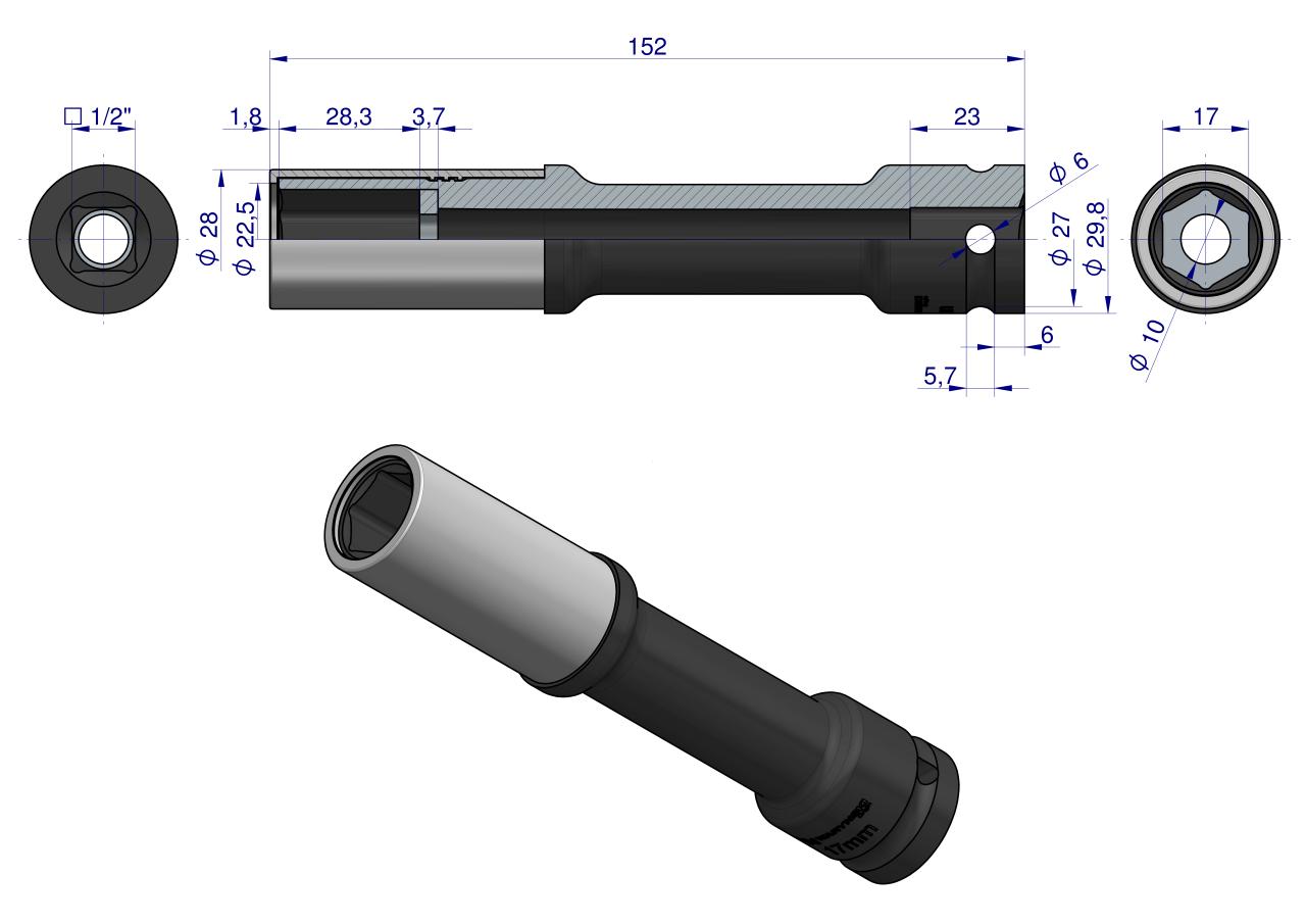 Nasadka udarowa, 1/2 ze stali CrMo 17mm długa 150mm z osłoną z tworzywa do felg aluminiowych