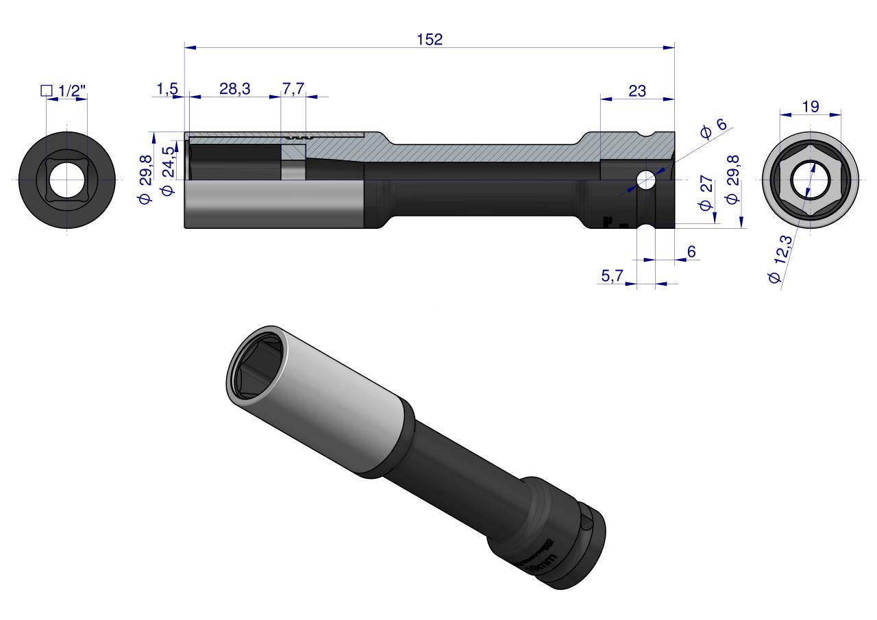 Nasadka udarowa, 1/2 ze stali CrMo 19mm długa 150mm z osłoną z tworzywa do felg aluminiowych