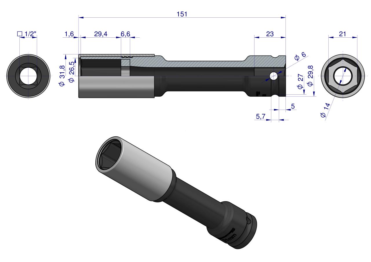 Nasadka udarowa, 1/2 ze stali CrMo 21mm długa 150mm z osłoną z tworzywa do felg aluminiowych