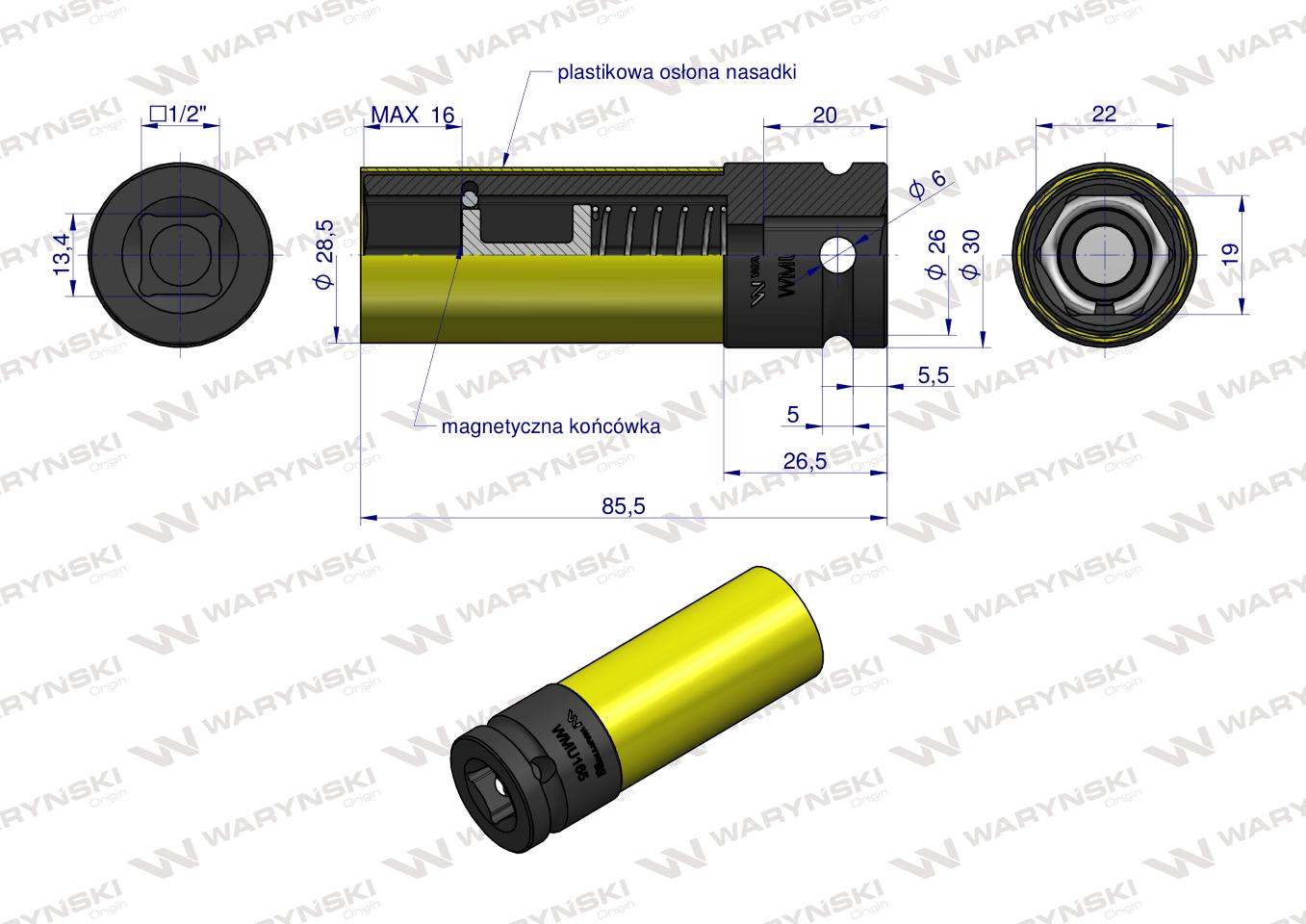 Nasadka udarowa 1/2 ze stali CrMo 19mm z magnesem i osłoną do felg aluminiowych Waryński