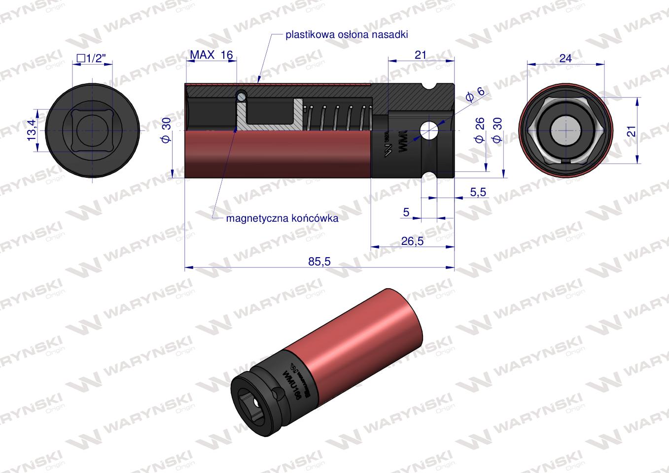 Nasadka udarowa 1/2 ze stali CrMo 21mm z magnesem i osłoną do felg aluminiowych Waryński