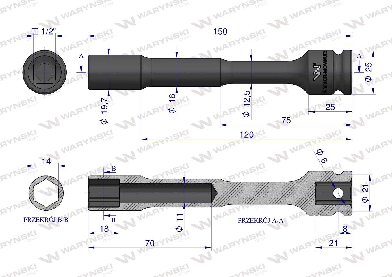 Nasadka udarowa 1/2", sześciokątna slim bardzo długa przelotowa ze stali CrMo 14mm długość 150 mm, stosowane w mechanice do kluczy udarowych, Waryński