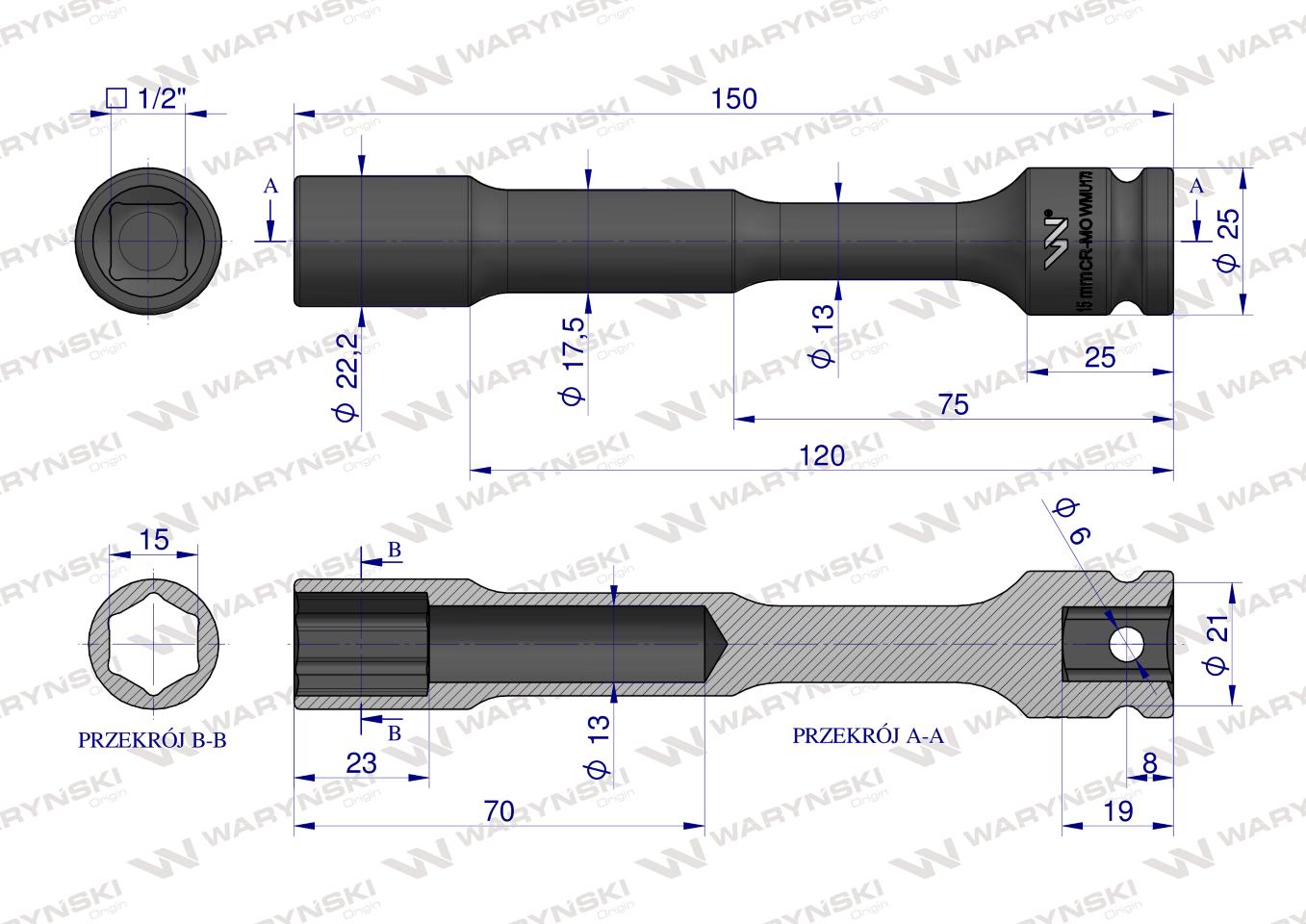 Nasadka udarowa 1/2", sześciokątna slim bardzo długa przelotowa ze stali CrMo 15mm długość 150 mm, stosowane w mechanice do kluczy udarowych, Waryński