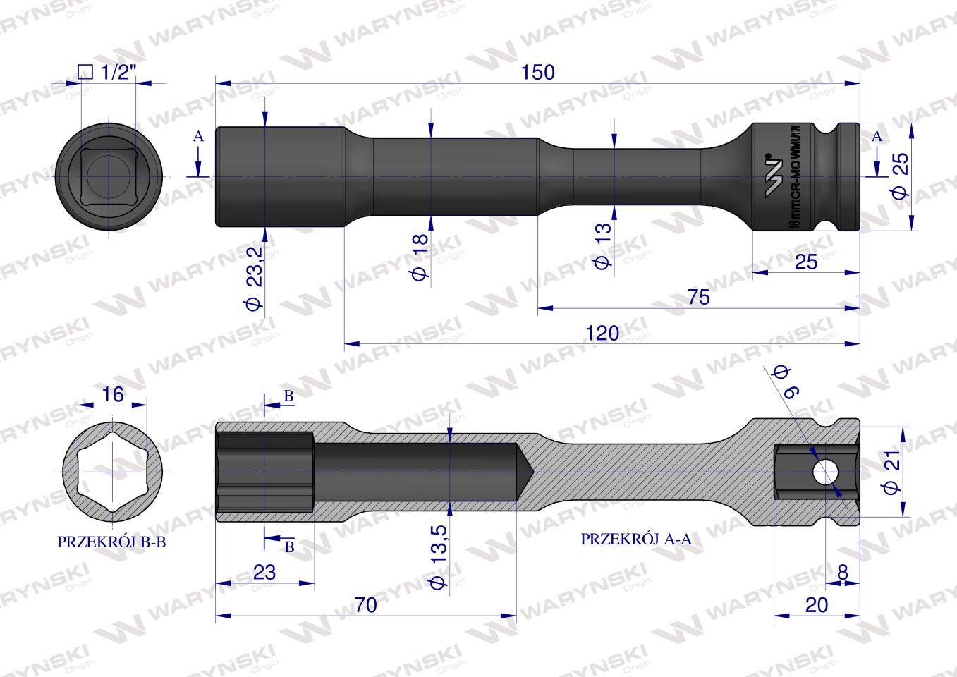 Nasadka udarowa 1/2", sześciokątna slim bardzo długa przelotowa ze stali CrMo 16mm długość 150 mm, stosowane w mechanice do kluczy udarowych, Waryński