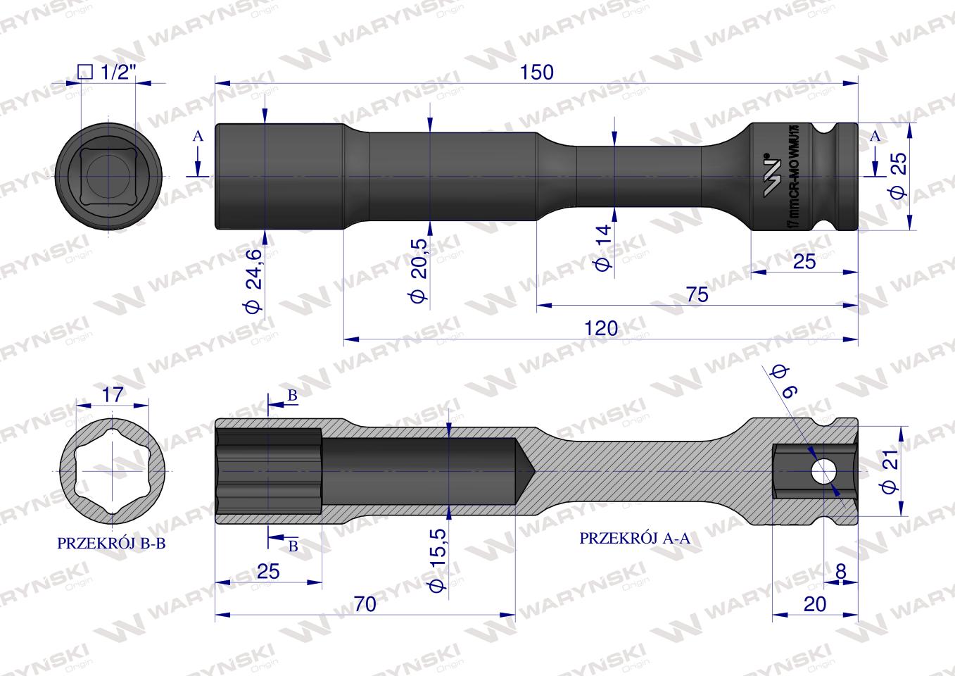 Nasadka udarowa 1/2", sześciokątna slim bardzo długa przelotowa ze stali CrMo 17mm długość 150 mm, stosowane w mechanice do kluczy udarowych, Waryński