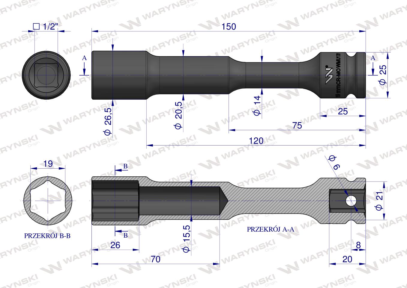 Nasadka udarowa 1/2", sześciokątna slim bardzo długa przelotowa ze stali CrMo 19mm długość 150 mm, stosowane w mechanice do kluczy udarowych, Waryński