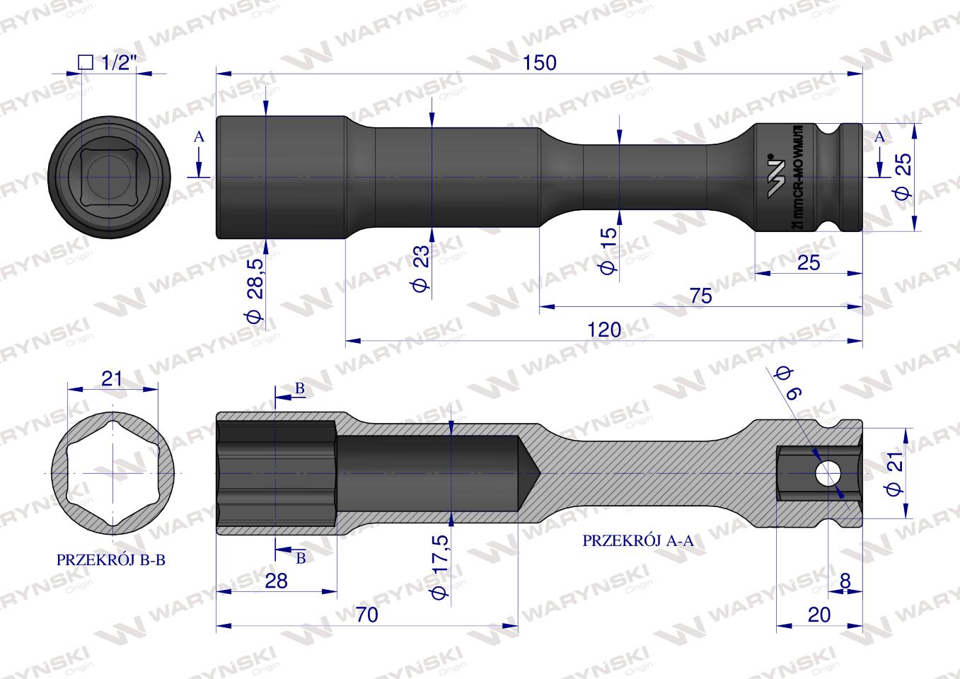 Nasadka udarowa 1/2", sześciokątna slim bardzo długa przelotowa ze stali CrMo 21mm długość 150 mm, stosowane w mechanice do kluczy udarowych, Waryński