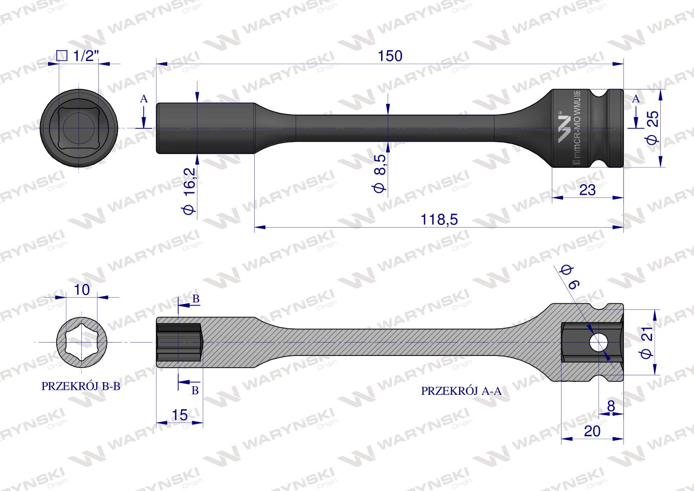 Nasadka udarowa 1/2", sześciokątna slim bardzo długa ze stali CrMo 10mm długość 150 mm, stosowane w mechanice do kluczy udarowych, Waryński