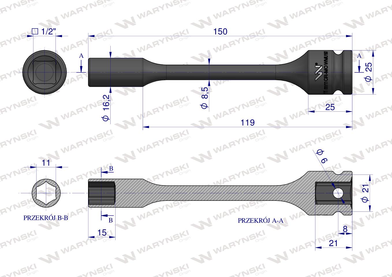 Nasadka udarowa 1/2", sześciokątna slim bardzo długa ze stali CrMo 11mm długość 150 mm, stosowane w mechanice do kluczy udarowych, Waryński