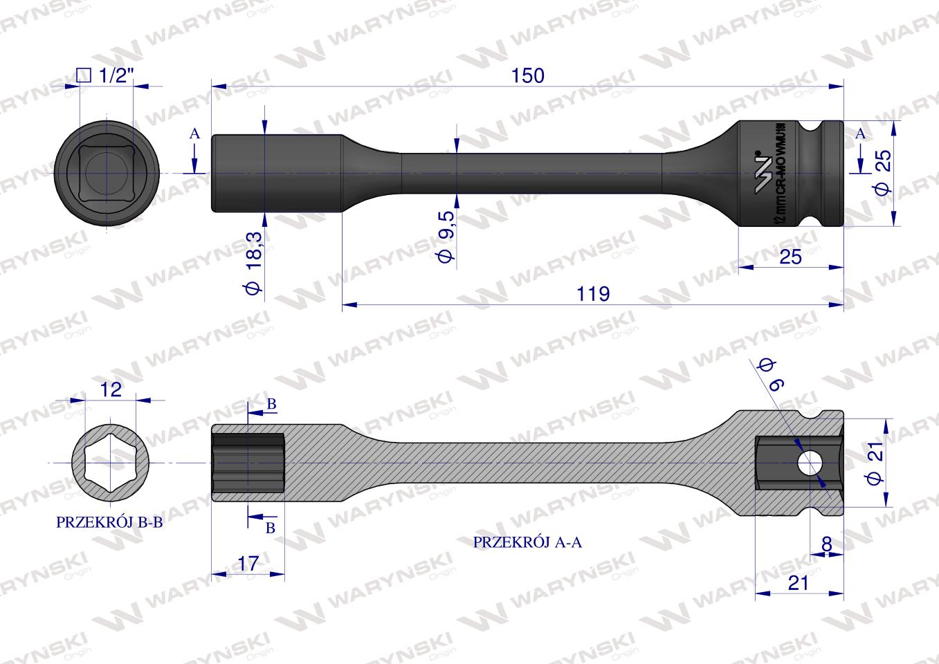Nasadka udarowa 1/2", sześciokątna slim bardzo długa ze stali CrMo 12mm długość 150 mm, stosowane w mechanice do kluczy udarowych, Waryński