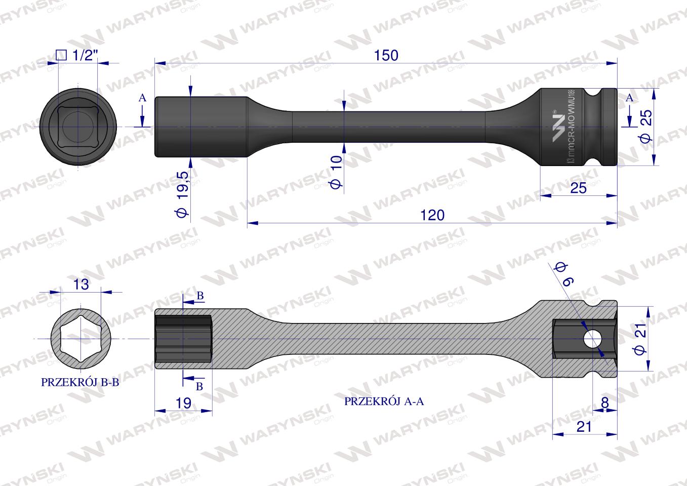 Nasadka udarowa 1/2", sześciokątna slim bardzo długa ze stali CrMo 13mm długość 150 mm, stosowane w mechanice do kluczy udarowych, Waryński