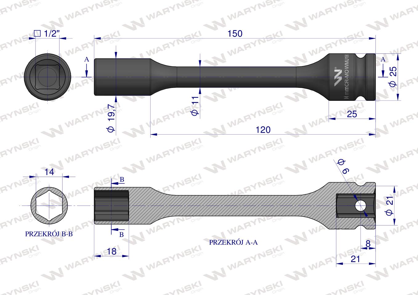 Nasadka udarowa 1/2", sześciokątna slim bardzo długa ze stali CrMo 14mm długość 150 mm, stosowane w mechanice do kluczy udarowych, Waryński