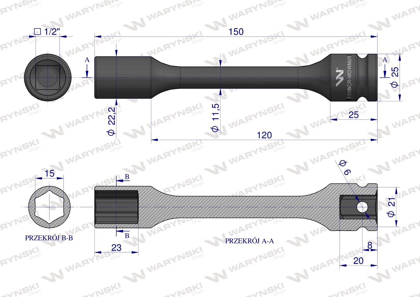 Nasadka udarowa 1/2", sześciokątna slim bardzo długa ze stali CrMo 15mm długość 150 mm, stosowane w mechanice do kluczy udarowych, Waryński