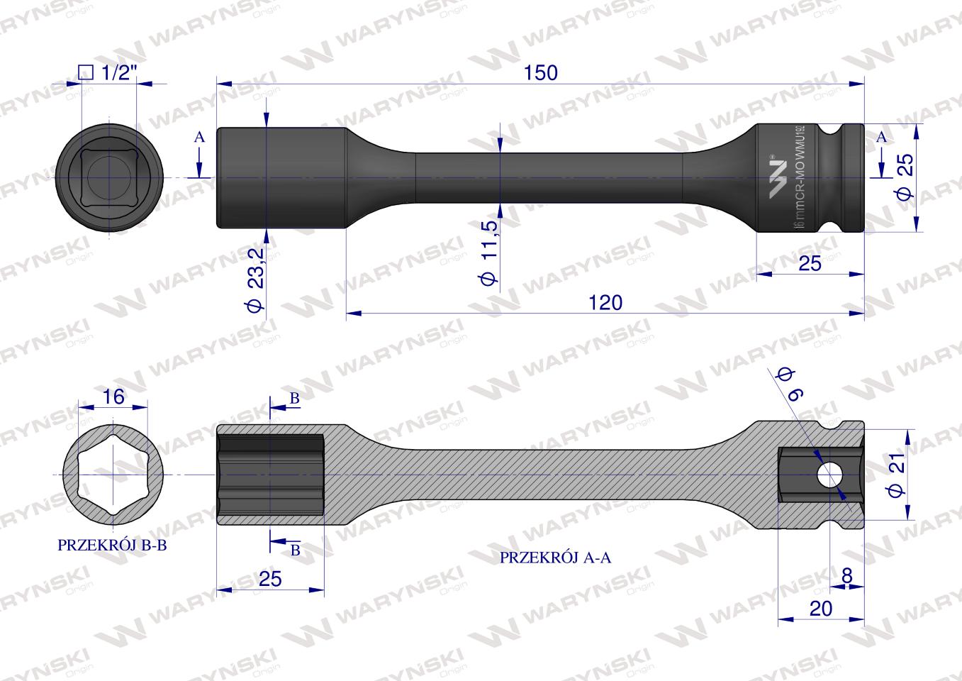 Nasadka udarowa 1/2", sześciokątna slim bardzo długa ze stali CrMo 16mm długość 150 mm, stosowane w mechanice do kluczy udarowych, Waryński