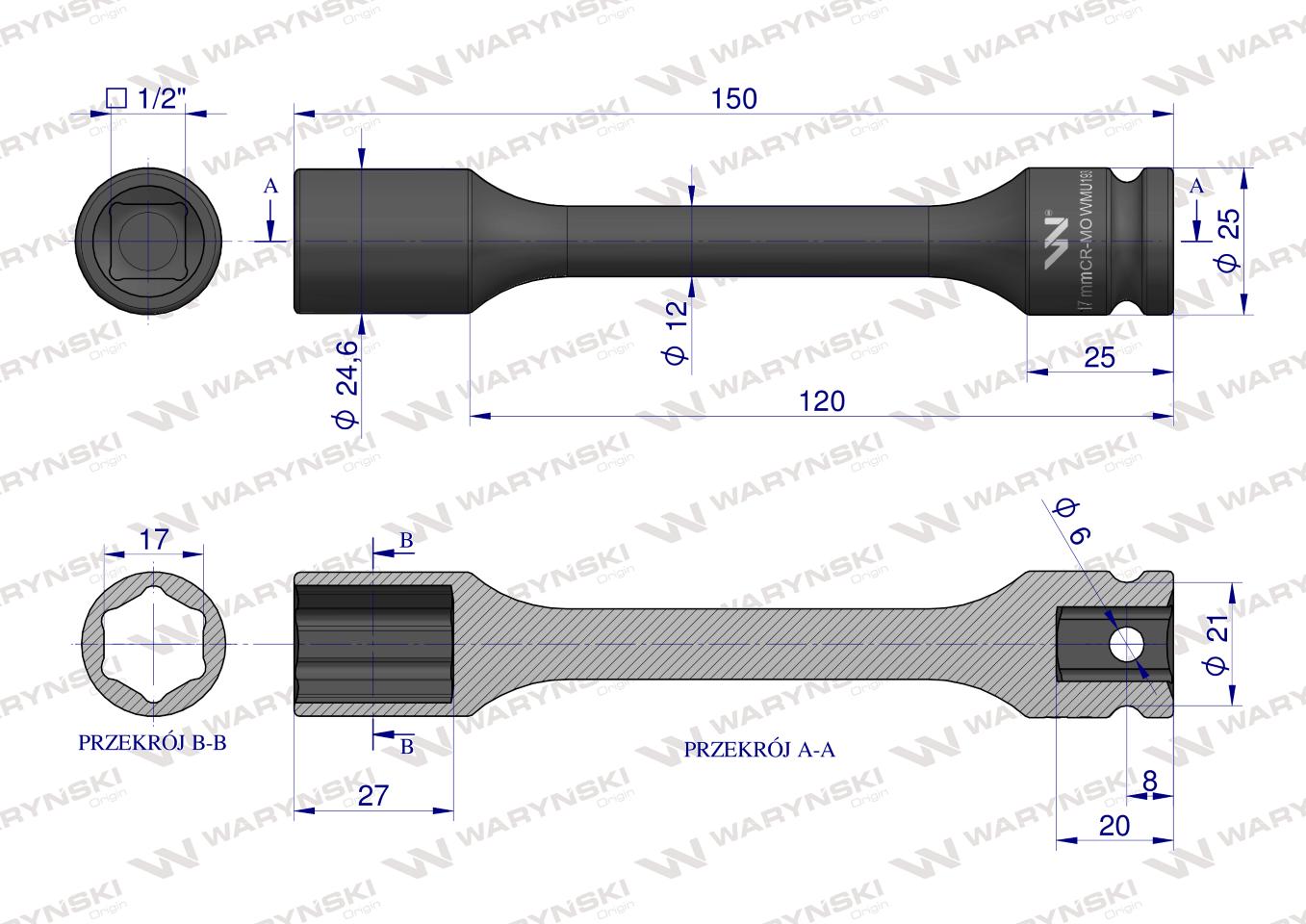 Nasadka udarowa 1/2", sześciokątna slim bardzo długa ze stali CrMo 17mm długość 150 mm, stosowane w mechanice do kluczy udarowych, Waryński