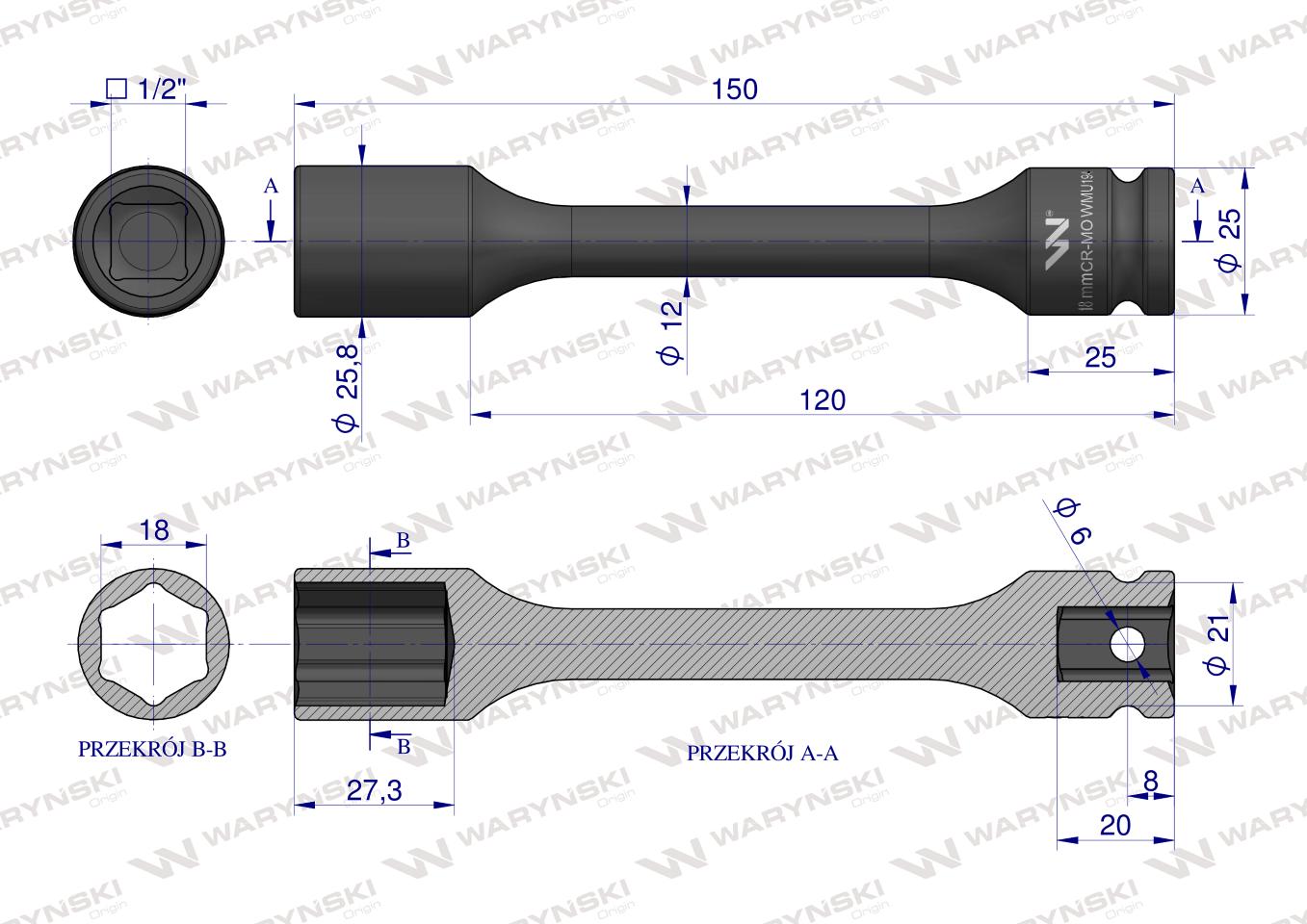 Nasadka udarowa 1/2", sześciokątna slim bardzo długa ze stali CrMo 18mm długość 150 mm, stosowane w mechanice do kluczy udarowych, Waryński