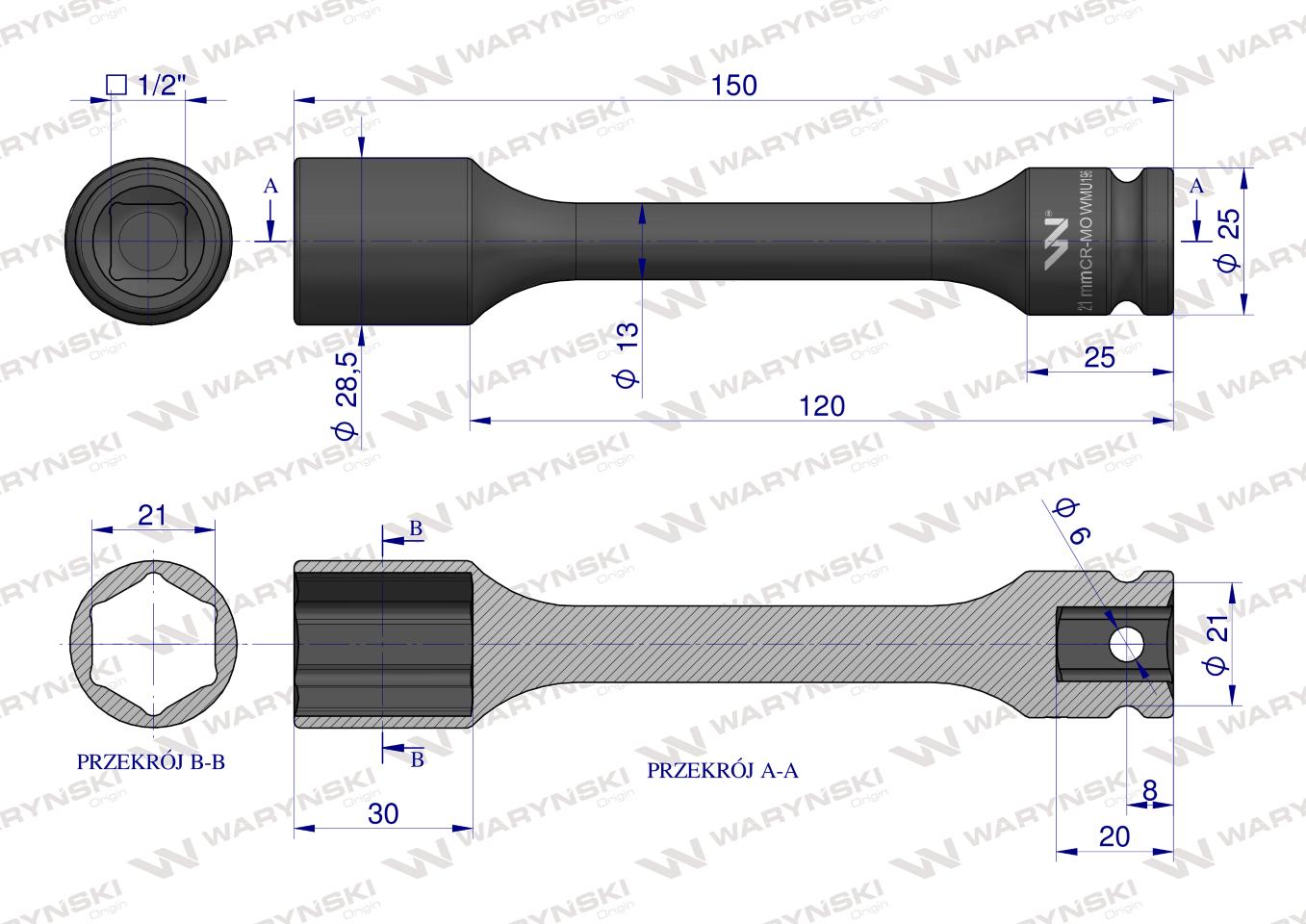 Nasadka udarowa 1/2", sześciokątna slim bardzo długa ze stali CrMo 21mm długość 150 mm, stosowane w mechanice do kluczy udarowych, Waryński