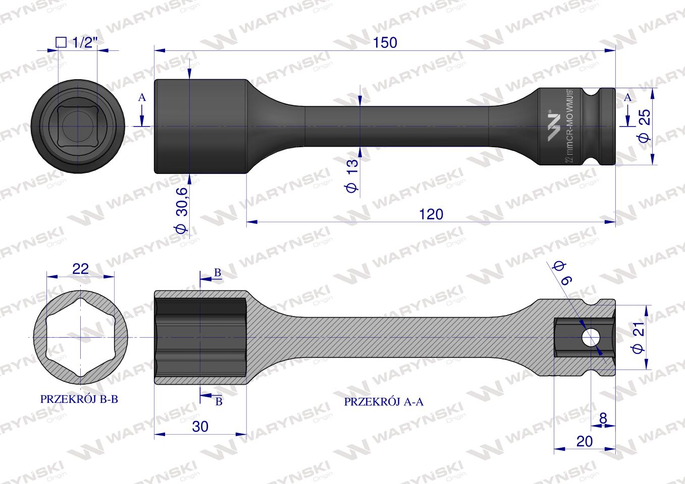Nasadka udarowa 1/2", sześciokątna slim bardzo długa ze stali CrMo 22mm długość 150 mm, stosowane w mechanice do kluczy udarowych, Waryński