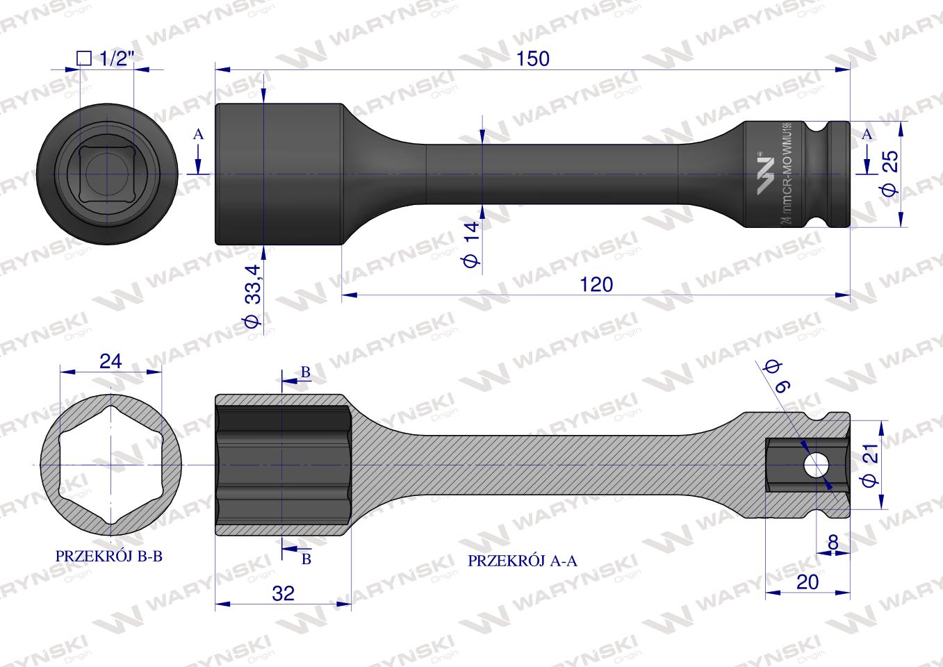 Nasadka udarowa 1/2", sześciokątna slim bardzo długa ze stali CrMo 24mm długość 150 mm, stosowane w mechanice do kluczy udarowych, Waryński