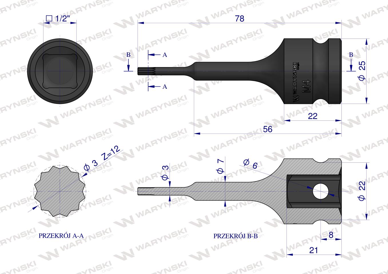 Nasadka udarowa 1/2", bit spline M4 ze stali CrMo, Waryński