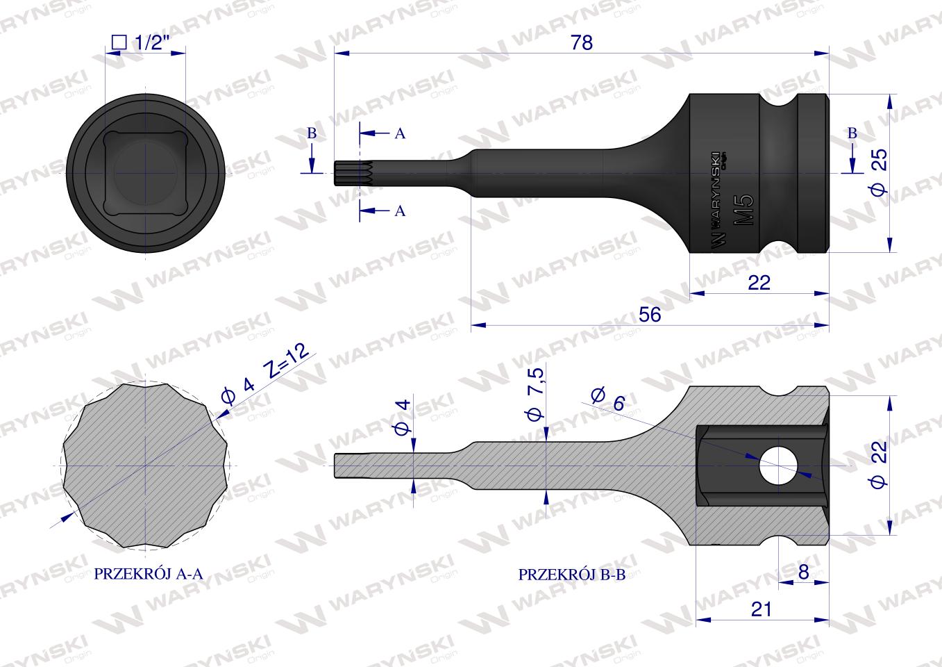 Nasadka udarowa 1/2", bit spline M5 ze stali CrMo, Waryński