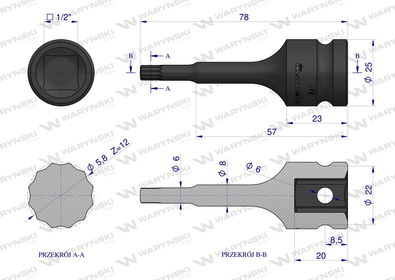 Nasadka udarowa 1/2", bit spline M6 ze stali CrMo, Waryński