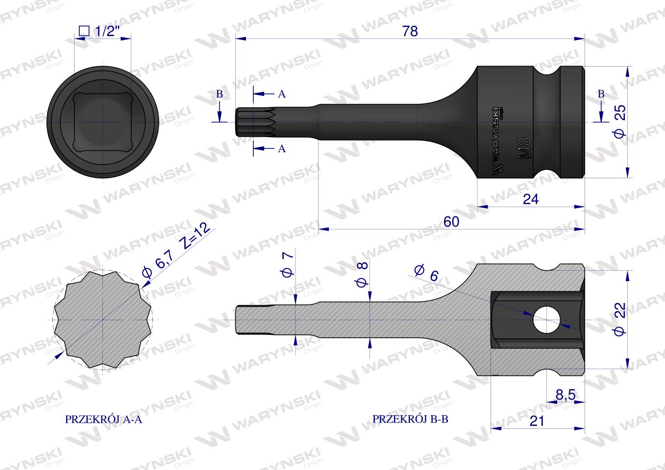 Nasadka udarowa 1/2", bit spline M8 ze stali CrMo, Waryński