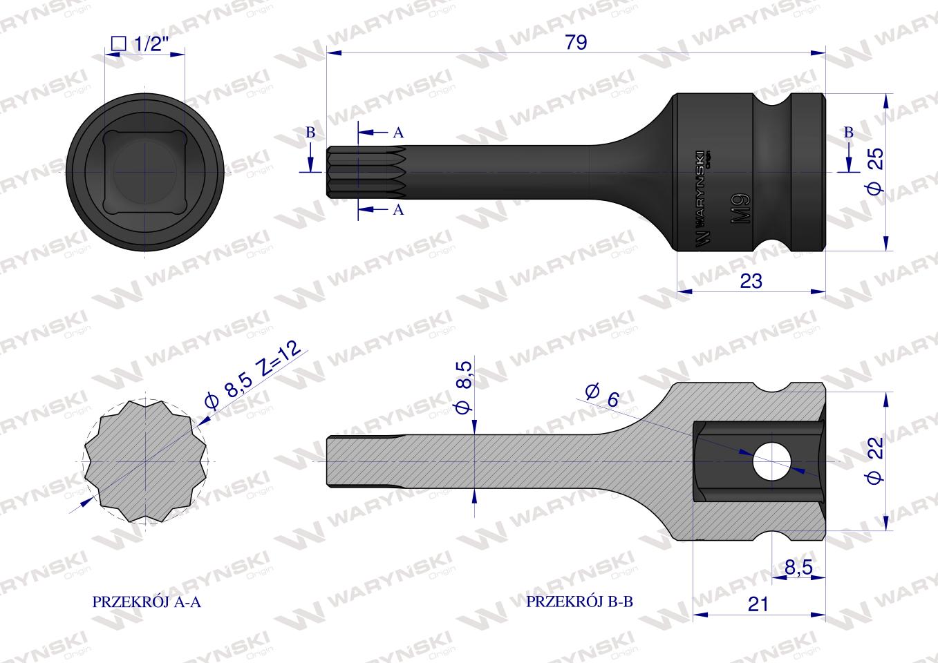 Nasadka udarowa 1/2", bit spline M9 ze stali CrMo, Waryński