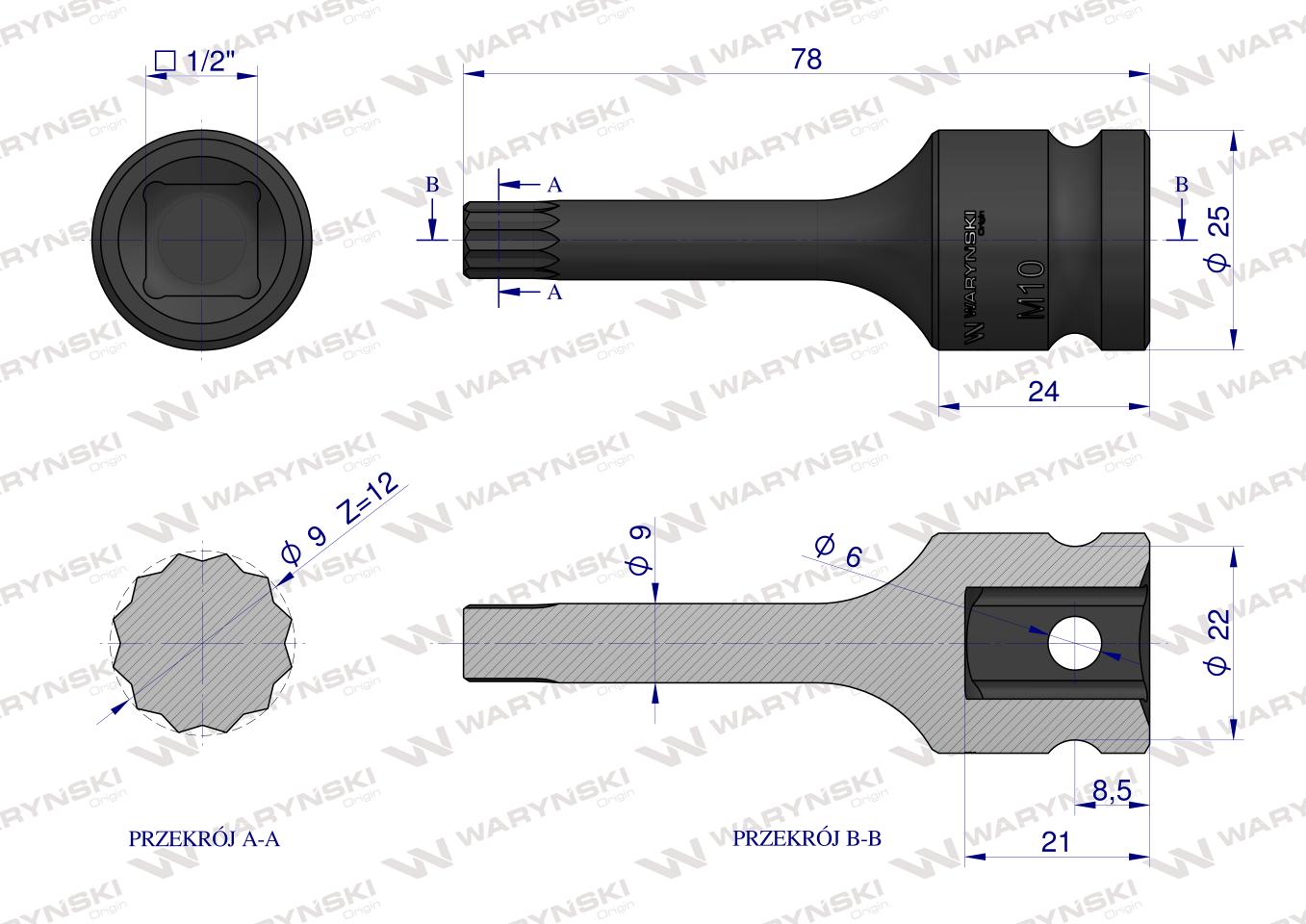 Nasadka udarowa 1/2", bit spline M10 ze stali CrMo, Waryński