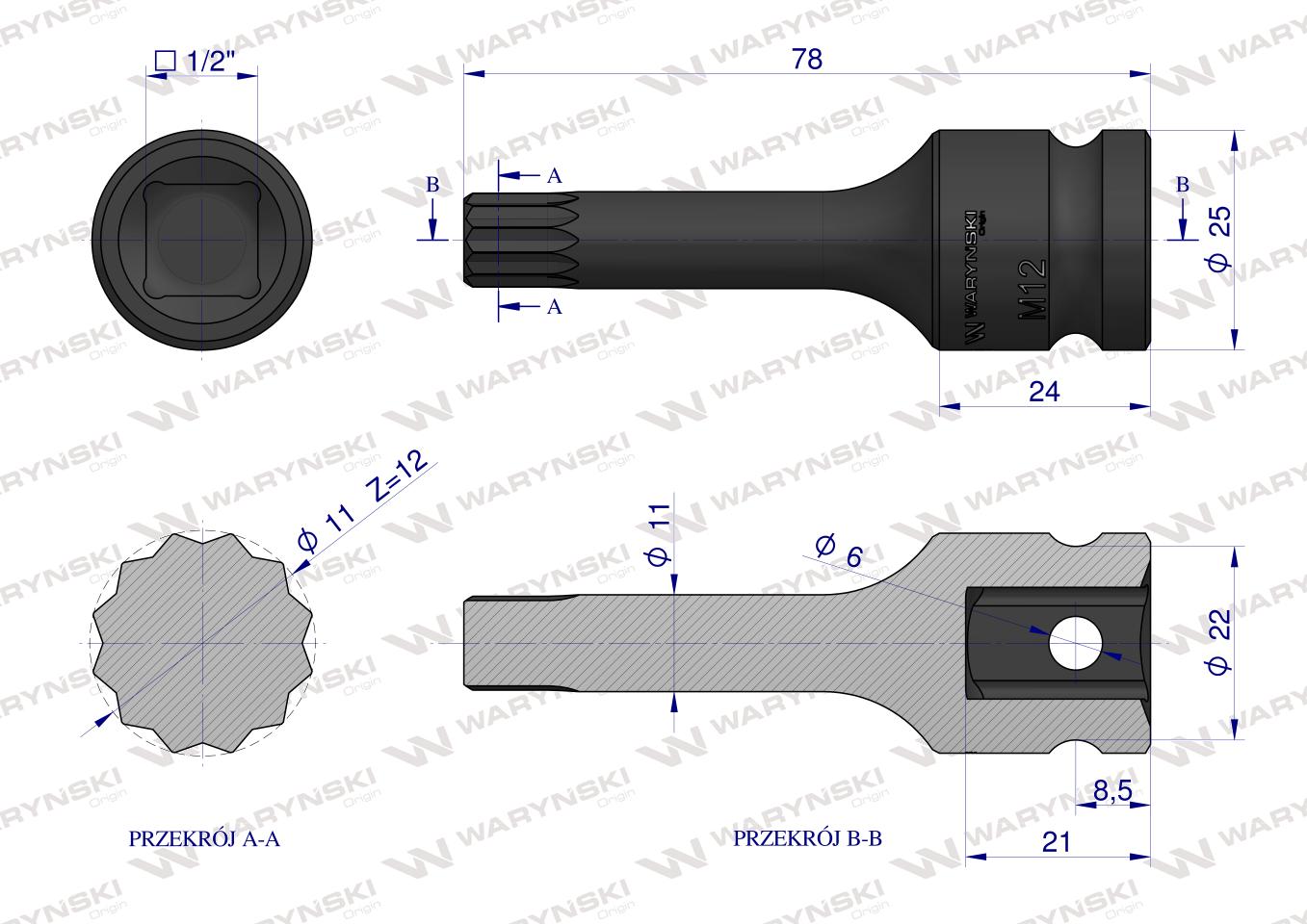 Nasadka udarowa 1/2", bit spline M12 ze stali CrMo, Waryński