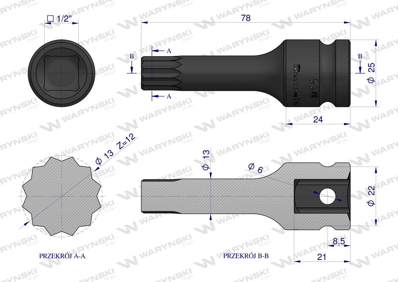 Nasadka udarowa 1/2", bit spline M14 ze stali CrMo, Waryński