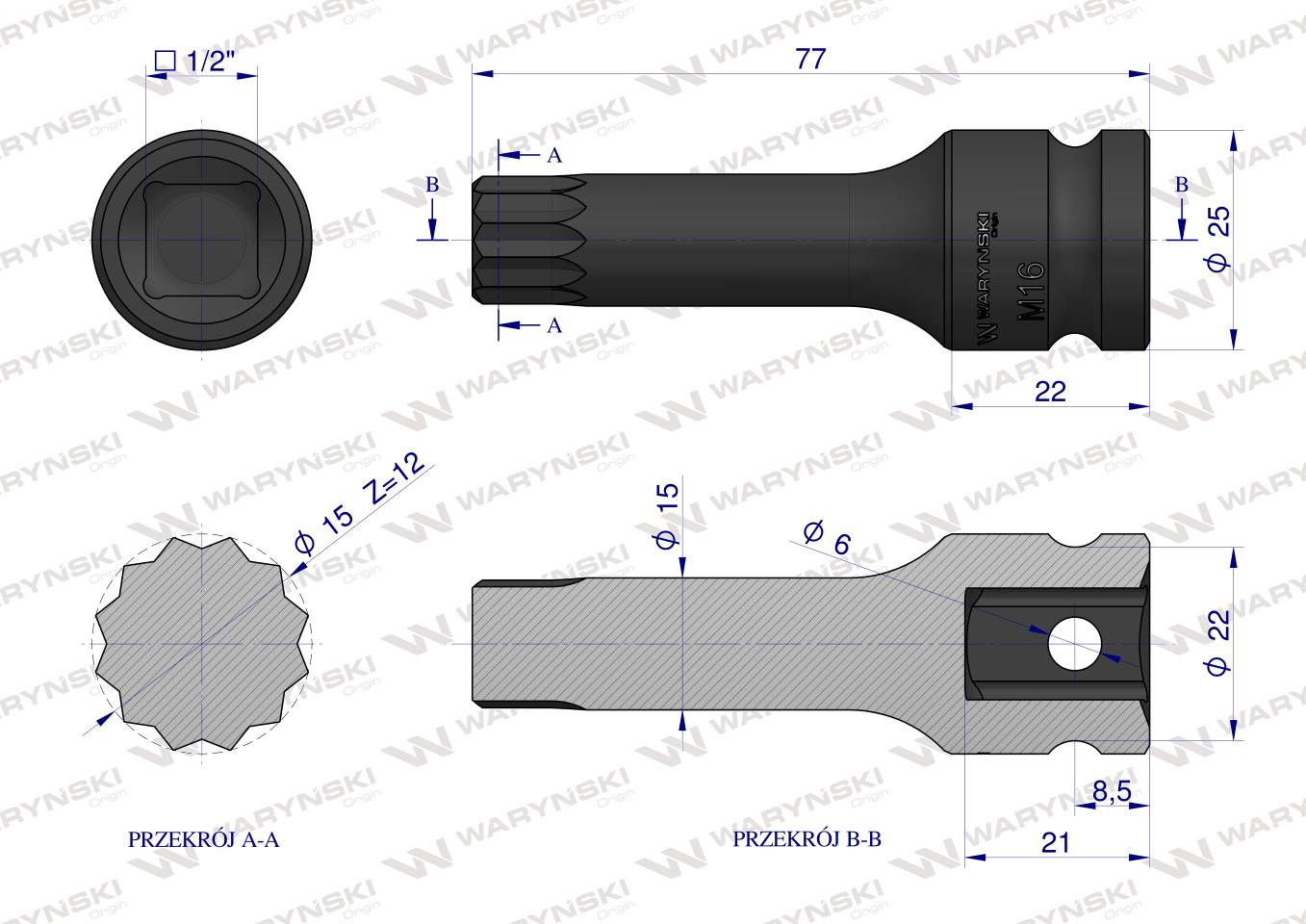 Nasadka udarowa 1/2", bit spline M16 ze stali CrMo, Waryński