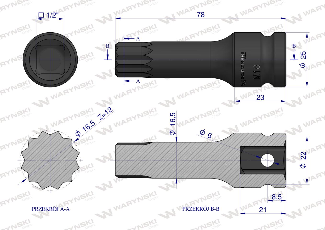 Nasadka udarowa 1/2", bit spline M18 ze stali CrMo, Waryński