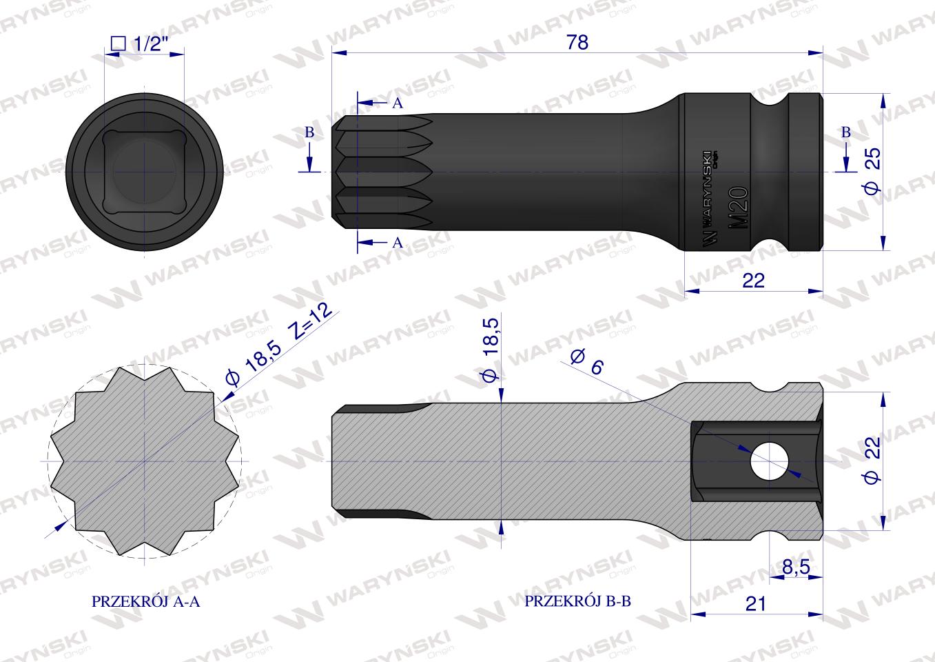 Nasadka udarowa 1/2", bit spline M20 ze stali CrMo, Waryński