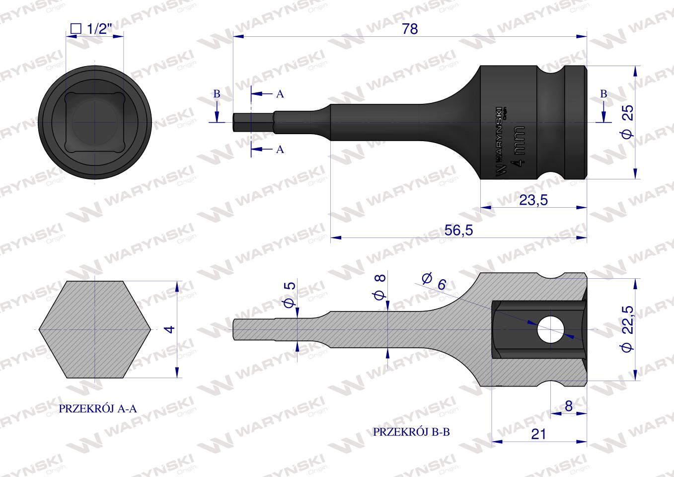 Nasadka udarowa 1/2", imbusowa 4mm hex H4 ze stali CrMo, Waryński