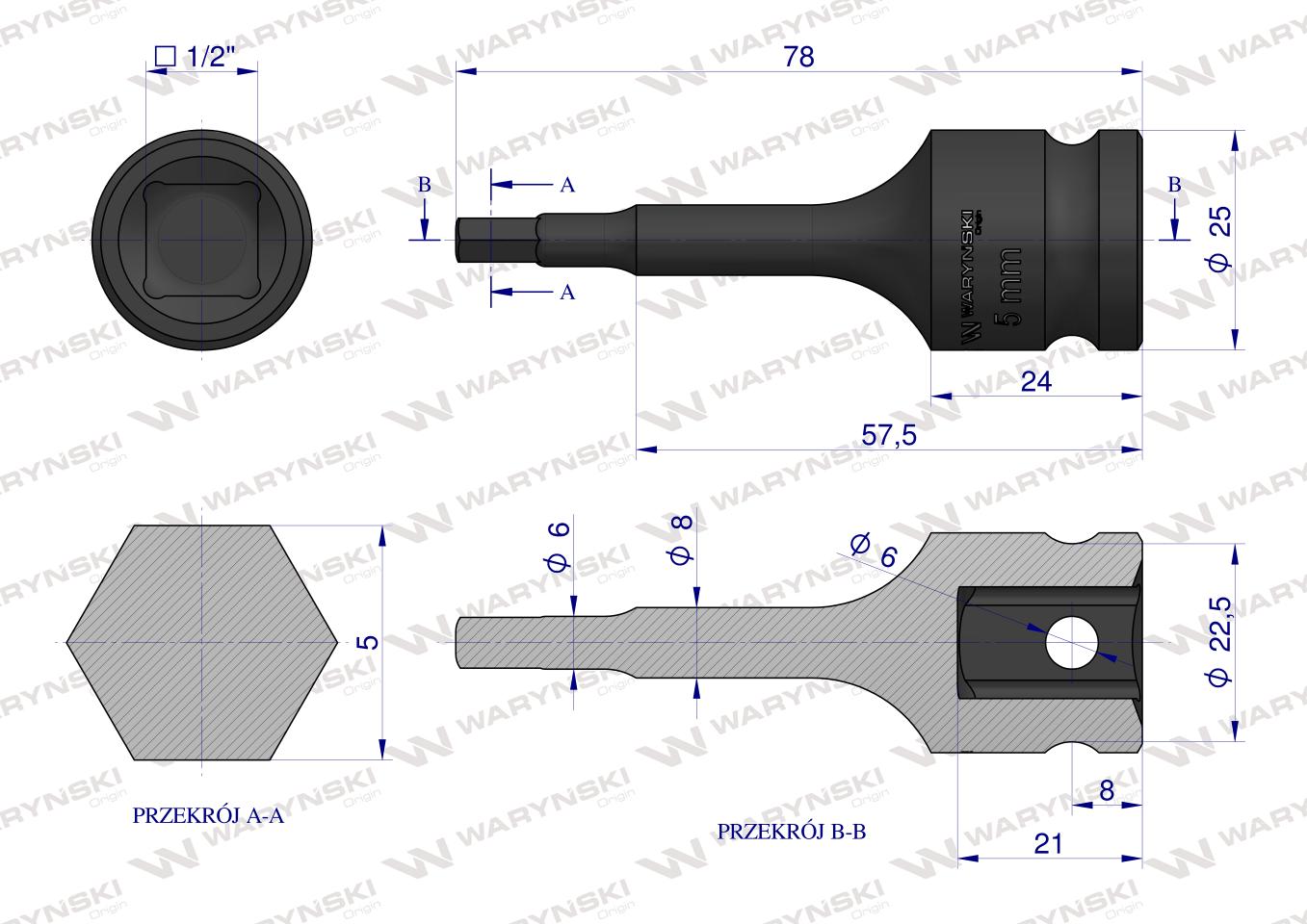 Nasadka udarowa 1/2", imbusowa 5mm hex H5 ze stali CrMo, Waryński