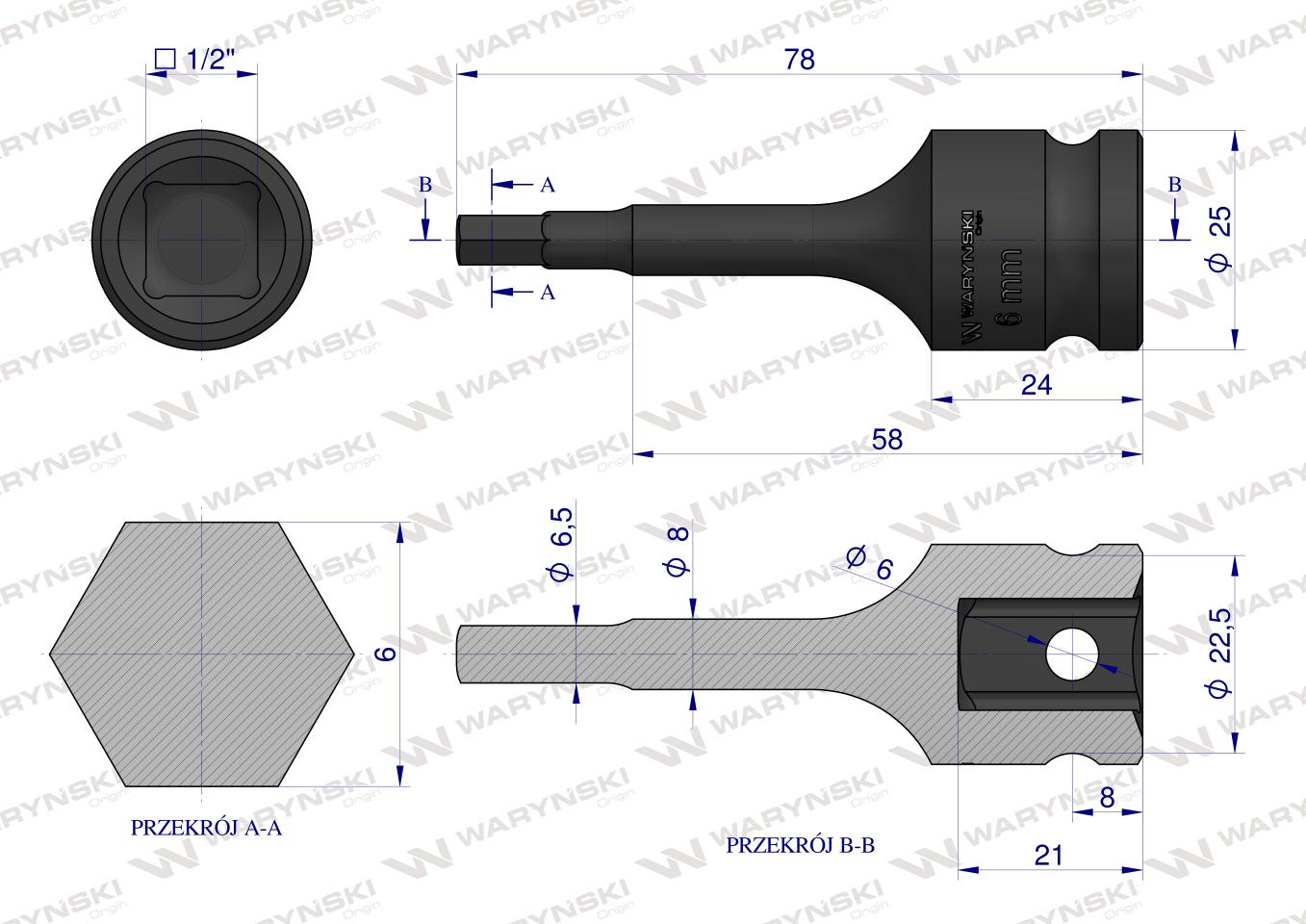 Nasadka udarowa 1/2", imbusowa 6mm hex H6 ze stali CrMo, Waryński