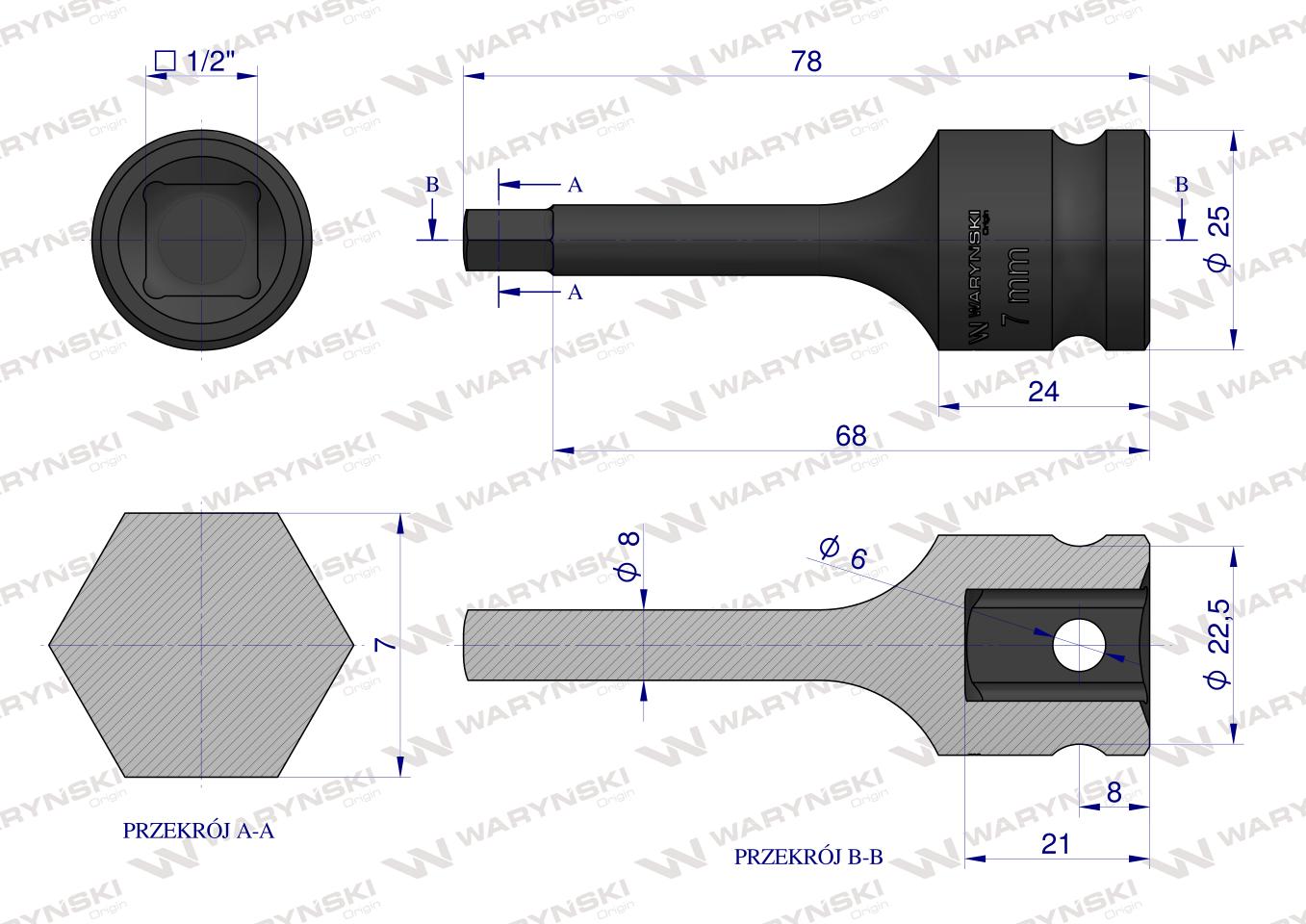 Nasadka udarowa 1/2", imbusowa 7mm hex H7 ze stali CrMo , Waryński