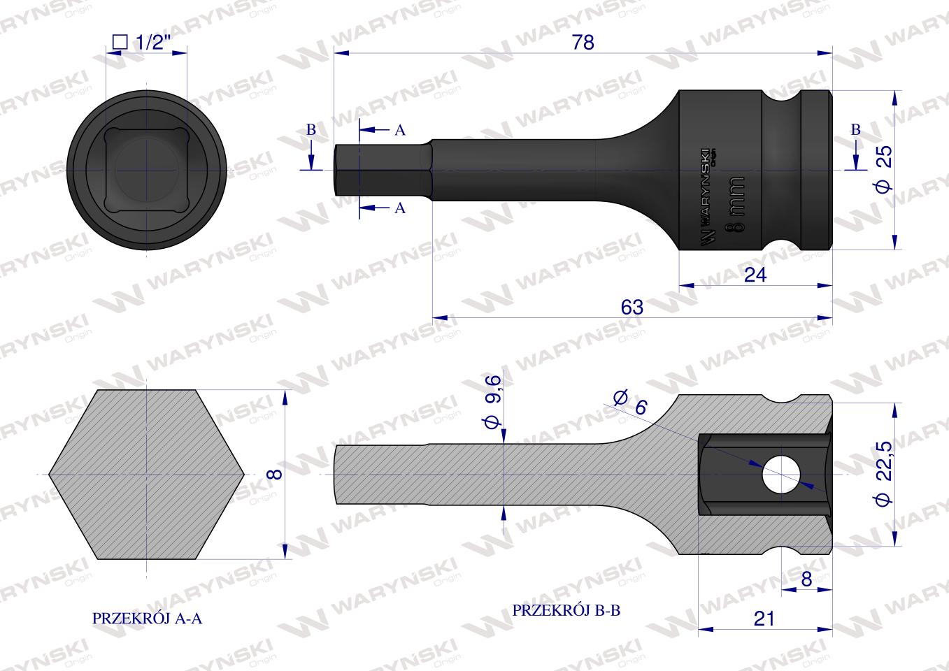 Nasadka udarowa 1/2", imbusowa 8mm hex H8 ze stali CrMo , Waryński