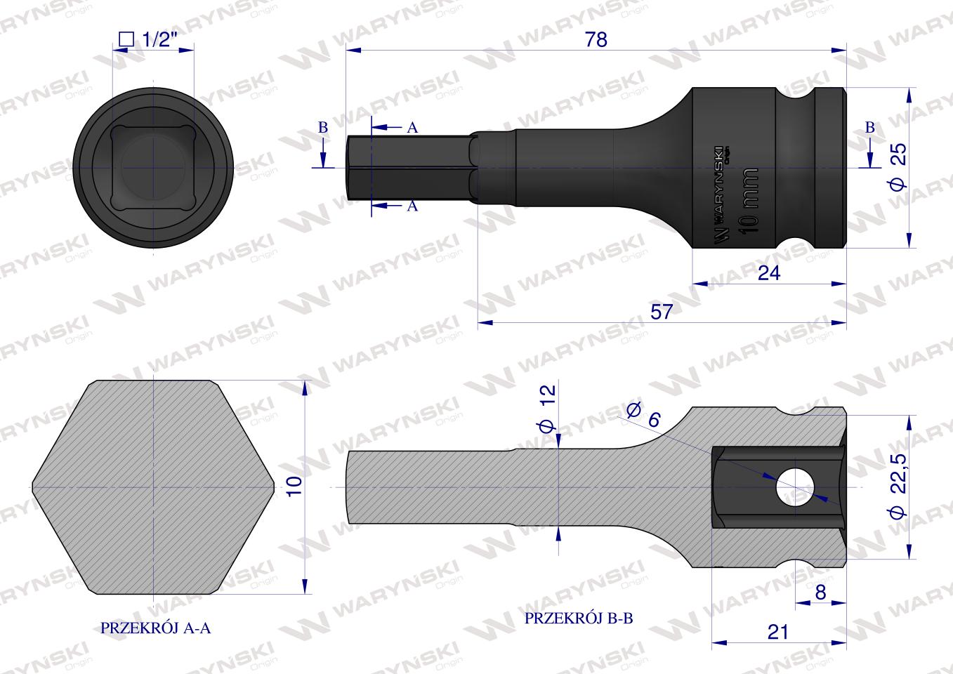 Nasadka udarowa 1/2", imbusowa 10mm hex H10 ze stali CrMo, Waryński