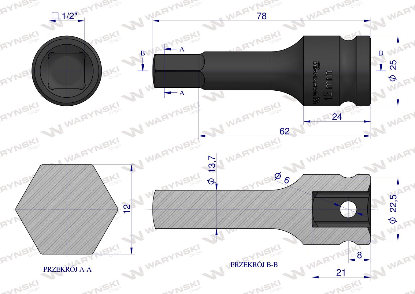 Nasadka udarowa 1/2", imbusowa 12mm hex H12 ze stali CrMo, Waryński