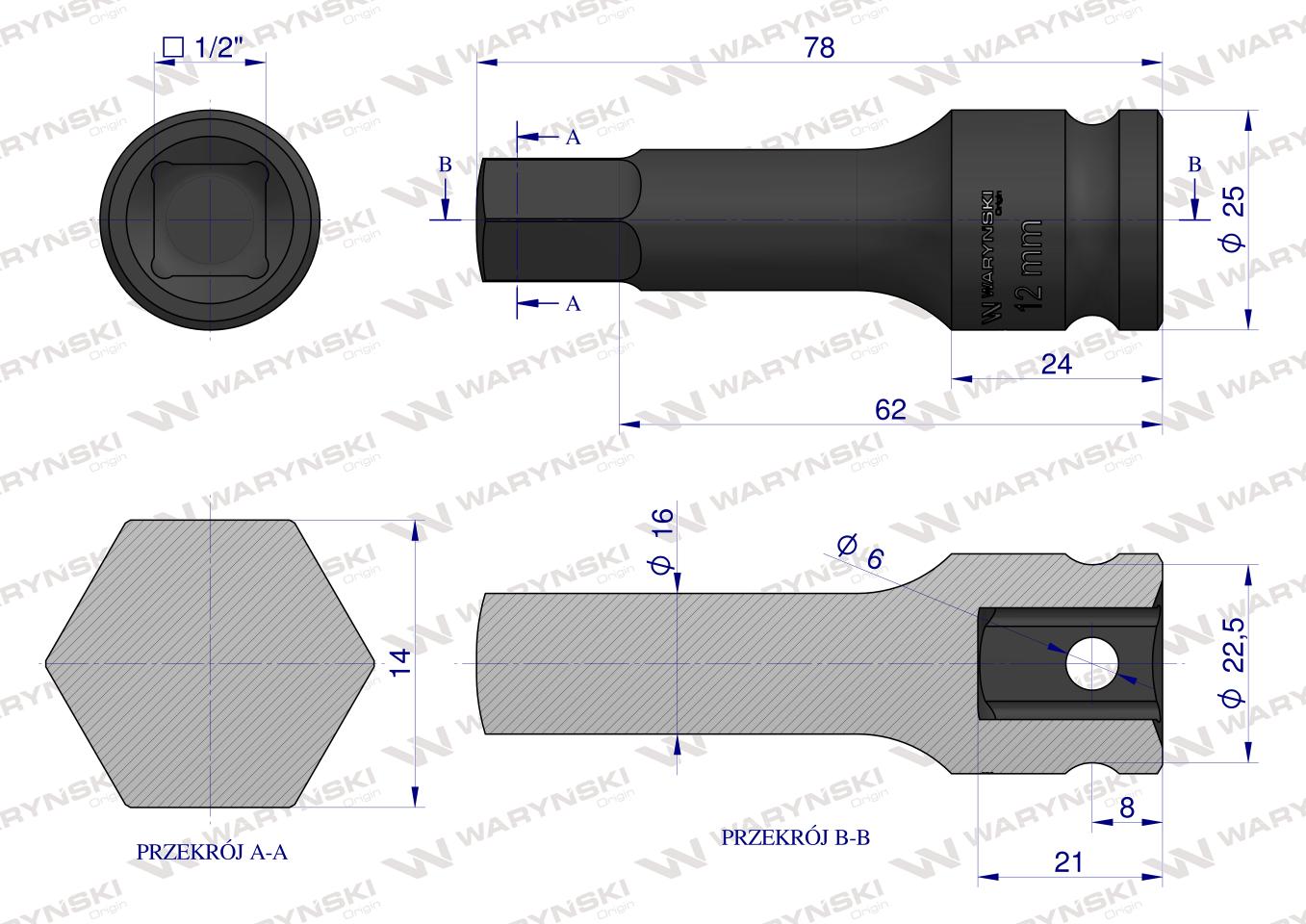 Nasadka udarowa 1/2", imbusowa 14mm hex H14 ze stali CrMo, Waryński