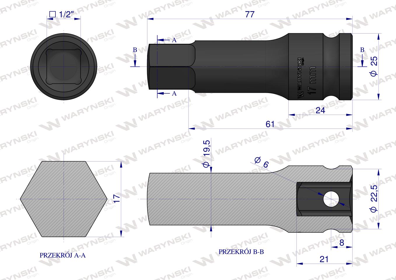 Nasadka udarowa 1/2", imbusowa 17mm hex H17 ze stali CrMo , Waryński