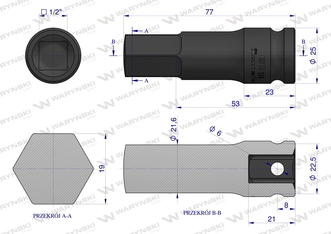 Nasadka udarowa 1/2", imbusowa 19mm hex H19 ze stali CrMo, Waryński