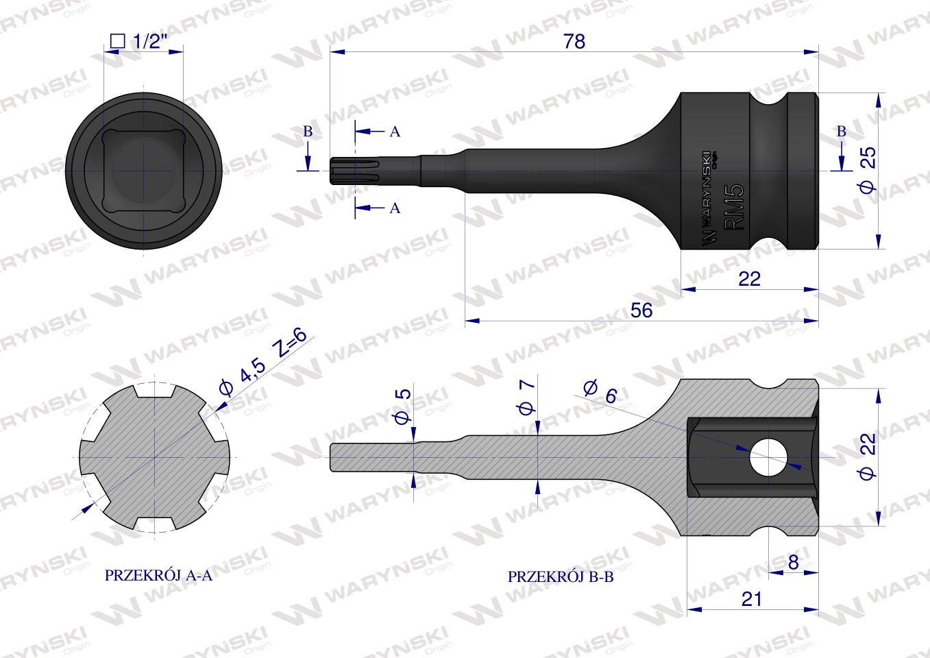 Nasadka udarowa, 1/2" ribe RM5 ze stali CrMo, Waryński