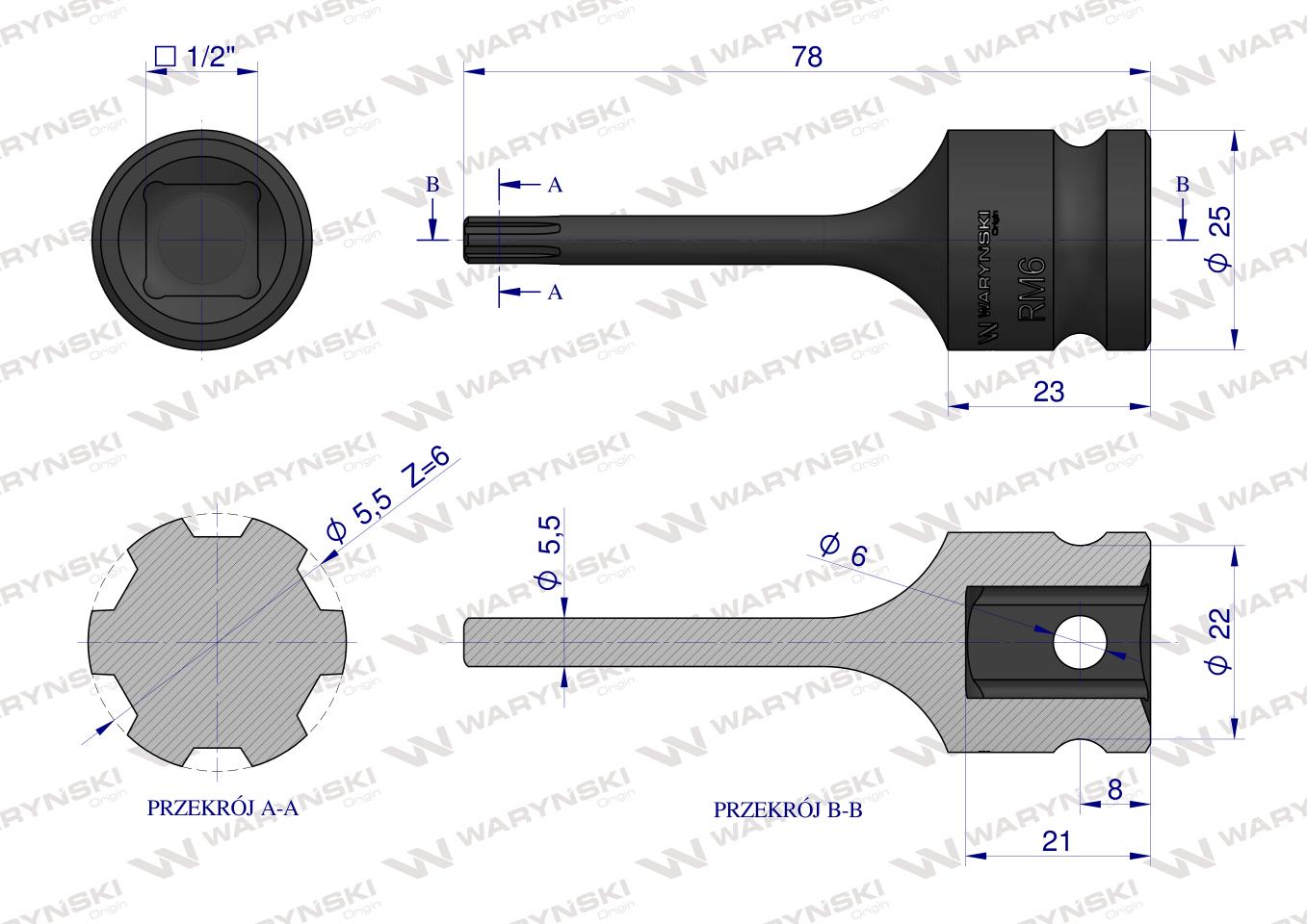 Nasadka udarowa, 1/2" ribe RM6 ze stali CrMo, Waryński