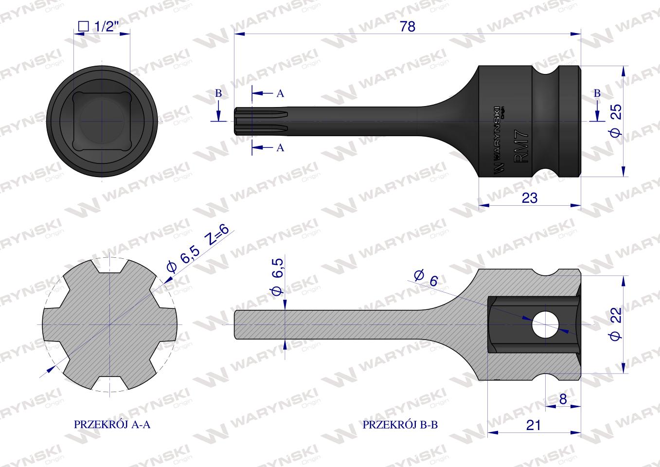 Nasadka udarowa, 1/2" ribe RM7 ze stali CrMo, Waryński